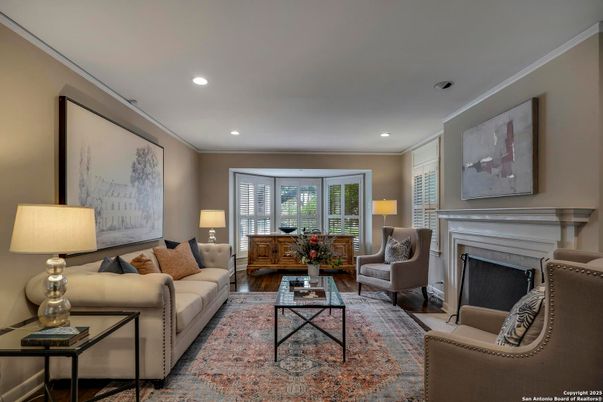 Fireplace, Interior, Living room, Recessed Lighting, Wood Texture Flooring