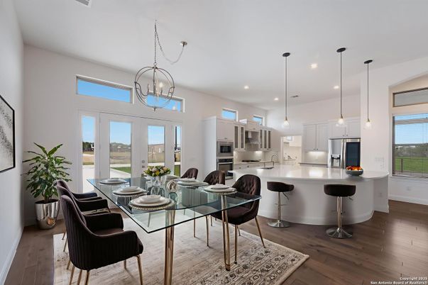 Dining room, Interior, Kitchen, Pendant Lights, Recessed Lighting, Stainless Steel Appliances, Wood Texture Flooring