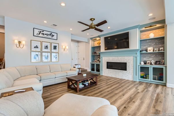 Fireplace, Interior, Living room, Recessed Lighting, Wood Texture Flooring
