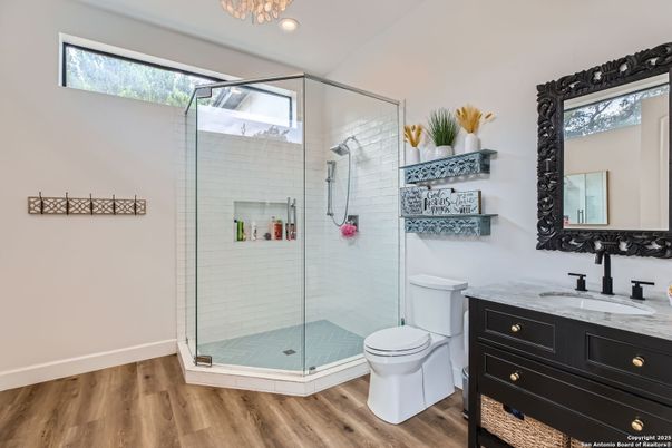 Bathroom, Glass Shower, Interior, Recessed Lighting, Wood Texture Flooring