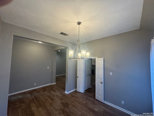Chandelier, Empty room, Interior, Pendant Lights, Recessed Lighting, Wood Texture Flooring