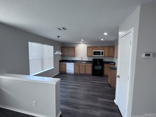 Interior, Kitchen, Pendant Lights, Recessed Lighting, Wood Texture Flooring