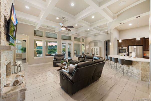 Fireplace, Interior, Kitchen, Living room, Pendant Lights, Recessed Lighting, Stainless Steel Appliances