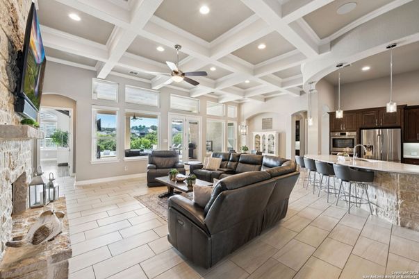Fireplace, Interior, Kitchen, Living room, Pendant Lights, Recessed Lighting, Stainless Steel Appliances