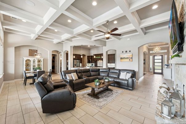 Chandelier, Dining room, Interior, Kitchen, Living room, Pendant Lights, Recessed Lighting, Wood Texture Flooring