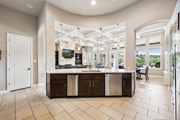 Dining room, Interior, Kitchen, Recessed Lighting, Stainless Steel Appliances, Wood Texture Flooring
