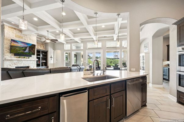 Interior, Kitchen, Pendant Lights, Recessed Lighting, Stainless Steel Appliances, Stone Walls