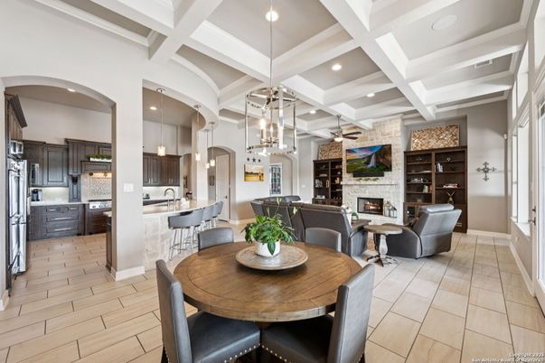Dining room, Fireplace, Interior, Kitchen, Living room, Pendant Lights, Recessed Lighting, Stone Walls