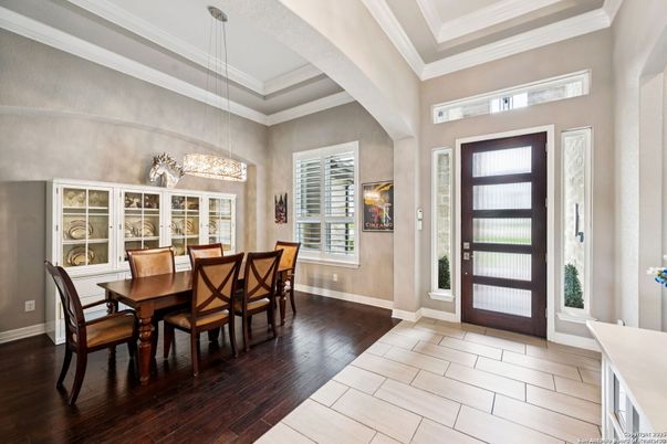 Chandelier, Dining room, Interior, Pendant Lights, Wood Texture Flooring
