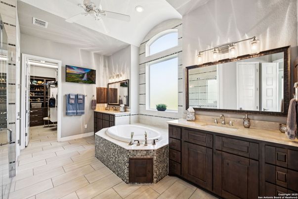 Bathroom, Dual Sink Vanities, Interior, Recessed Lighting, Wood Texture Flooring