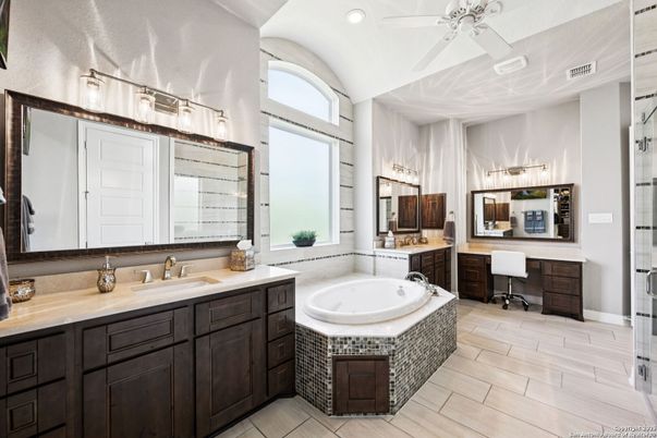 Bathroom, Dual Sink Vanities, Interior, Recessed Lighting, Wood Texture Flooring