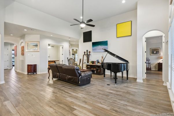 Interior, Living room, Piano, Recessed Lighting, Wood Texture Flooring