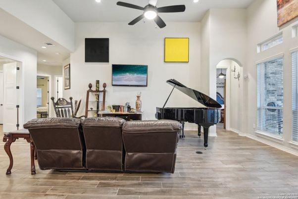 Interior, Living room, Piano, Recessed Lighting, Wood Texture Flooring