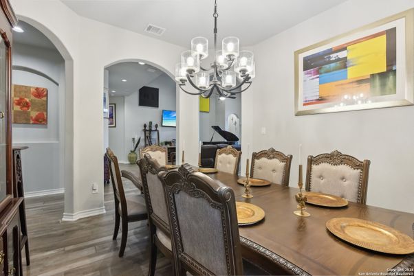 Chandelier, Dining room, Interior, Piano, Recessed Lighting, Wood Texture Flooring