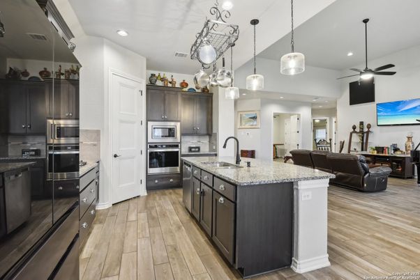 Interior, Kitchen, Living room, Pendant Lights, Recessed Lighting, Stainless Steel Appliances, Wood Texture Flooring