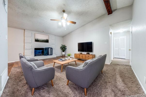 Fireplace, Interior, Living room, Stone Walls, Wood Texture Flooring