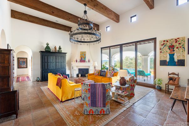 Chandelier, Fireplace, Interior, Living room, Recessed Lighting, Wooden Beams