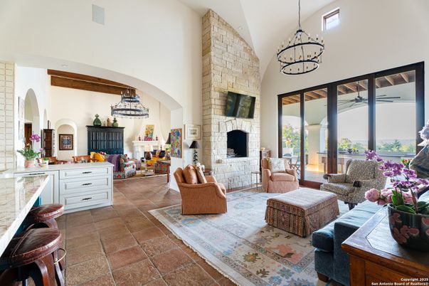 Fireplace, Interior, Living room, Pendant Lights, Stone Walls, Wooden Beams