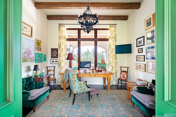 Chandelier, Home Office, Interior, Recessed Lighting, Wooden Beams