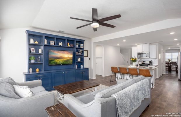 Dining room, Interior, Kitchen, Living room, Recessed Lighting, Stainless Steel Appliances, Wood Texture Flooring