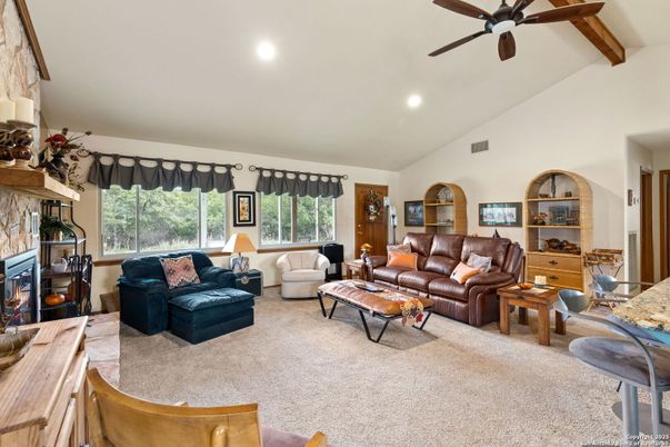 Fireplace, Interior, Living room, Recessed Lighting, Wooden Beams