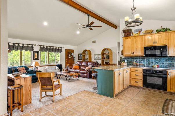 Interior, Kitchen, Living room, Recessed Lighting, Wooden Beams