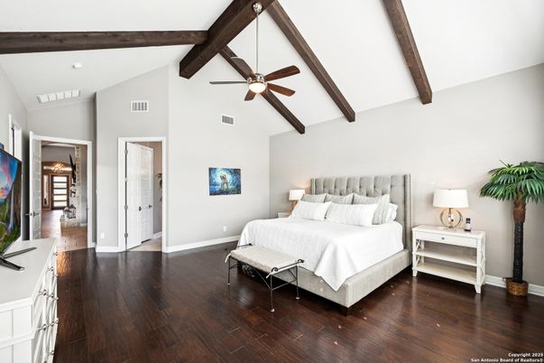 Bedroom, Interior, Recessed Lighting, Wooden Beams, Wood Texture Flooring