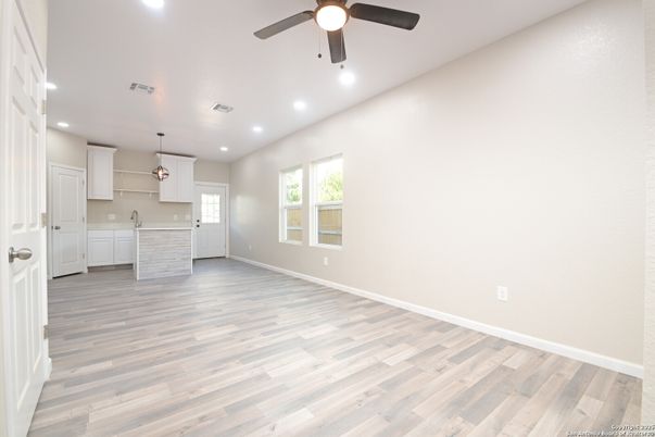 Empty room, Interior, Kitchen, Pendant Lights, Recessed Lighting, Wood Texture Flooring