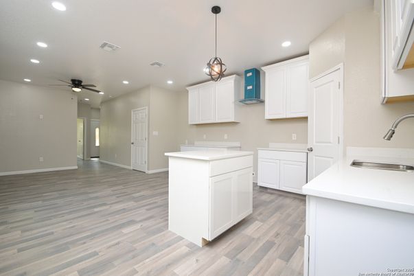 Interior, Kitchen, Pendant Lights, Recessed Lighting, Wood Texture Flooring