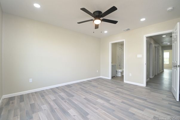 Bathroom, Empty room, Interior, Recessed Lighting, Wood Texture Flooring