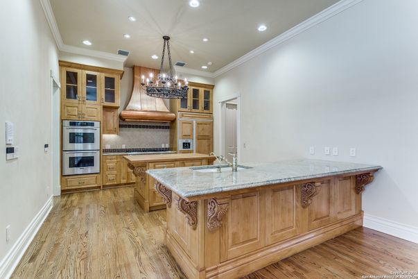 Chandelier, Interior, Kitchen, Recessed Lighting, Stainless Steel Appliances, Wood Texture Flooring