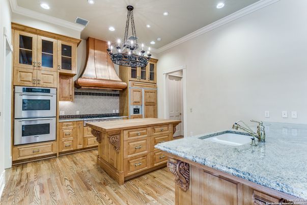 Chandelier, Interior, Kitchen, Recessed Lighting, Stainless Steel Appliances, Wood Texture Flooring