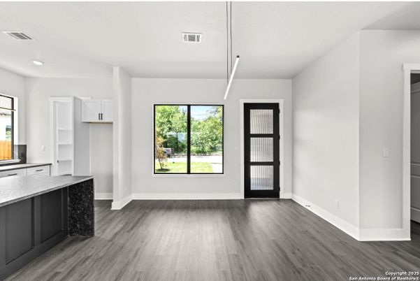 Empty room, Interior, Pendant Lights, Recessed Lighting, Wood Texture Flooring