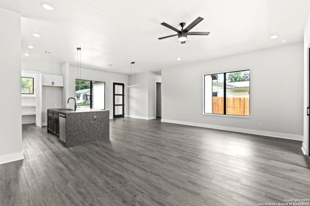 Empty room, Interior, Kitchen, Pendant Lights, Recessed Lighting, Wood Texture Flooring