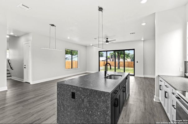 Interior, Kitchen, Pendant Lights, Recessed Lighting, Wood Texture Flooring