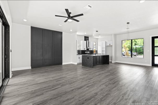 Empty room, Interior, Kitchen, Pendant Lights, Recessed Lighting, Wood Texture Flooring