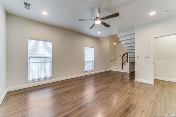 Empty room, Interior, Pendant Lights, Recessed Lighting, Wood Texture Flooring