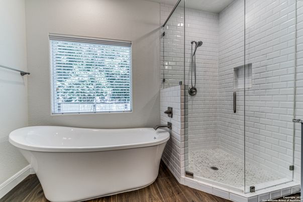 Bathroom, Free Standing Baths, Glass Shower, Interior, Wood Texture Flooring
