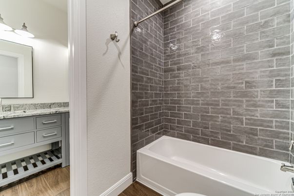 Bathroom, Interior, Stone Walls, Wood Texture Flooring