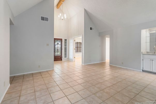 Chandelier, Empty room, Interior, Wooden Beams