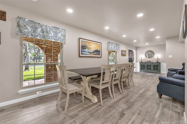 Dining room, Interior, Recessed Lighting, Wood Texture Flooring