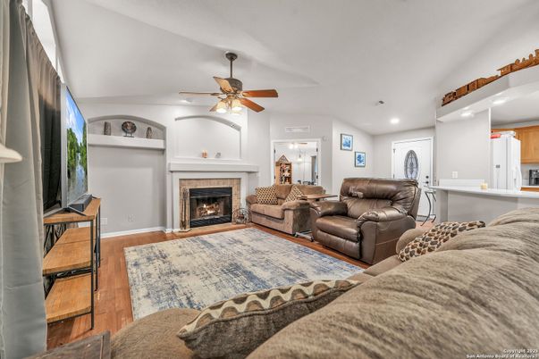 Fireplace, Interior, Living room, Recessed Lighting, Wood Texture Flooring