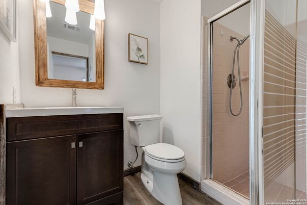 Bathroom, Glass Shower, Interior, Wood Texture Flooring