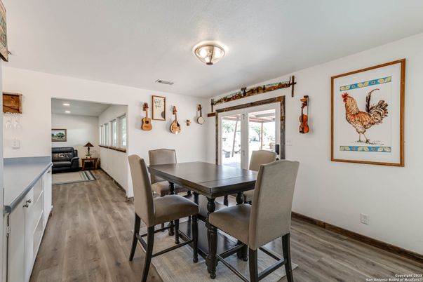 Dining room, Interior, Recessed Lighting, Wood Texture Flooring