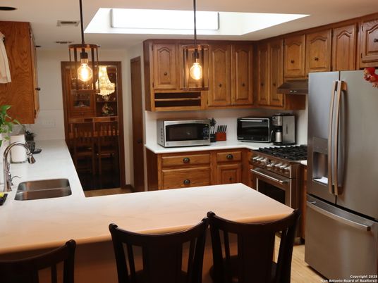 Interior, Kitchen, Pendant Lights, Stainless Steel Appliances, Wood Texture Flooring
