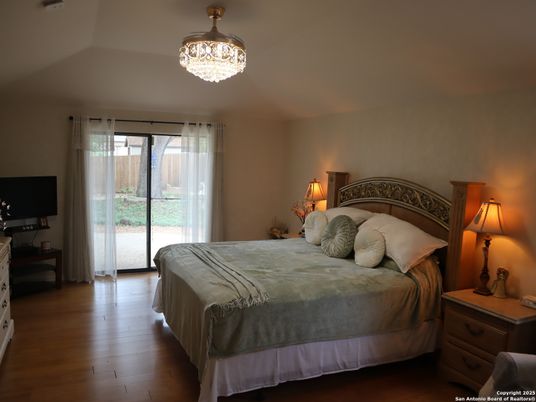 Bedroom, Chandelier, Interior, Wood Texture Flooring