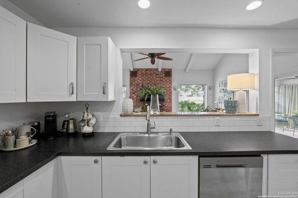 Interior, Kitchen, Recessed Lighting, Stainless Steel Appliances, Stone Walls
