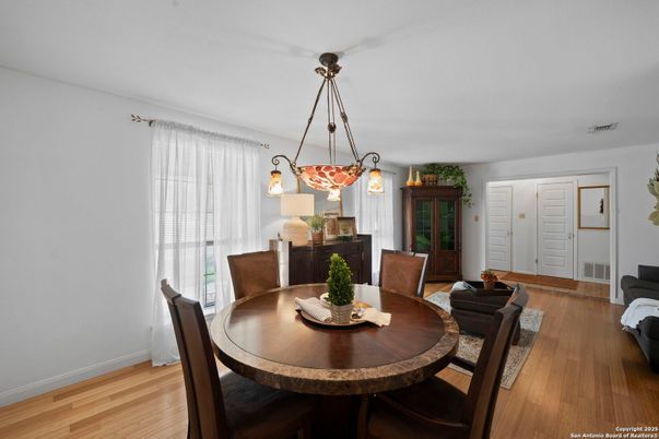 Dining room, Interior, Pendant Lights, Wood Texture Flooring