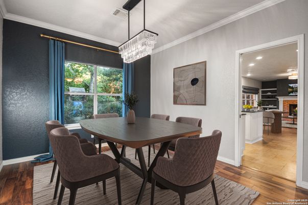 Chandelier, Dining room, Fireplace, Interior, Recessed Lighting, Wood Texture Flooring