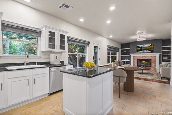 Dining room, Fireplace, Interior, Kitchen, Living room, Recessed Lighting, Stainless Steel Appliances